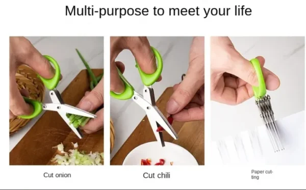 Multi-Functional Stainless Steel Kitchen Scissors 3/5 Layer Herb Cutter for Chopping Scallions, Shredding Peppers & Cutting Laver | Fast & Even Food Preparation Cooking Tool - Image 2