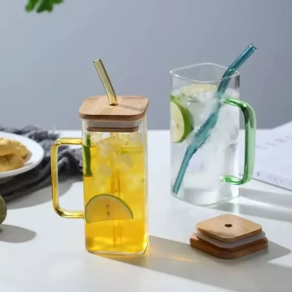 Multi-Function Glass Drinking Cup with Handle and Bamboo Lid Transparent Juice, Milk, Soda, and Water Mug | Stylish Reusable Glass Bottle for Home, Office, and Travel Use - Image 2